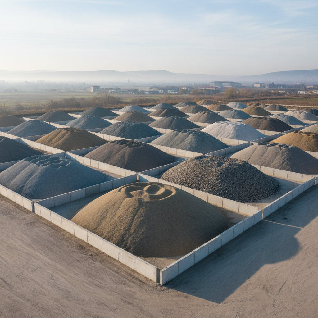 An orderly aggregate and soil stockyard on the edge of Bursa Yenişehir, featuring several distinct, neatly shaped mounds of sand, gravel, and crushed stone separated by clean concrete dividers. Each pile has smooth, well-defined slopes, with subtle color differences between materials creating a restrained, neutral palette. The ground is level and compacted, with minimal tire tracks, reflecting careful site management. Soft, early-morning light filters through thin clouds, producing gentle highlights on the surfaces and crisp yet non-distracting shadows at the base of each mound. Captured from a moderate height with wide framing and sharp focus, the composition emphasizes structure, organization, and material readiness. The photographic style is clean and corporate, supporting a professional image of controlled, efficient earthmoving and transport operations.