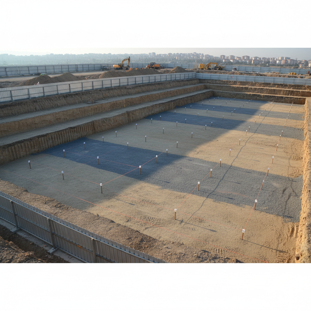 A wide, panoramic view of a carefully excavated construction foundation, showcasing terraced soil cut with crisp, straight edges and clearly defined levels in Bursa Yenişehir. The ground reveals distinct layers of compacted earth, gravel, and prepared subbase, bordered by temporary metal barriers and neatly arranged survey markers. Soft late-afternoon natural light casts gentle, linear shadows that emphasize the geometry of the excavation without overpowering the neutral earth tones. Shot from a slightly elevated perspective with sharp focus throughout, the composition uses clean lines and a balanced layout to communicate order and technical expertise. Photographic realism and a minimalist, corporate style highlight the precision and planning of professional excavation work.