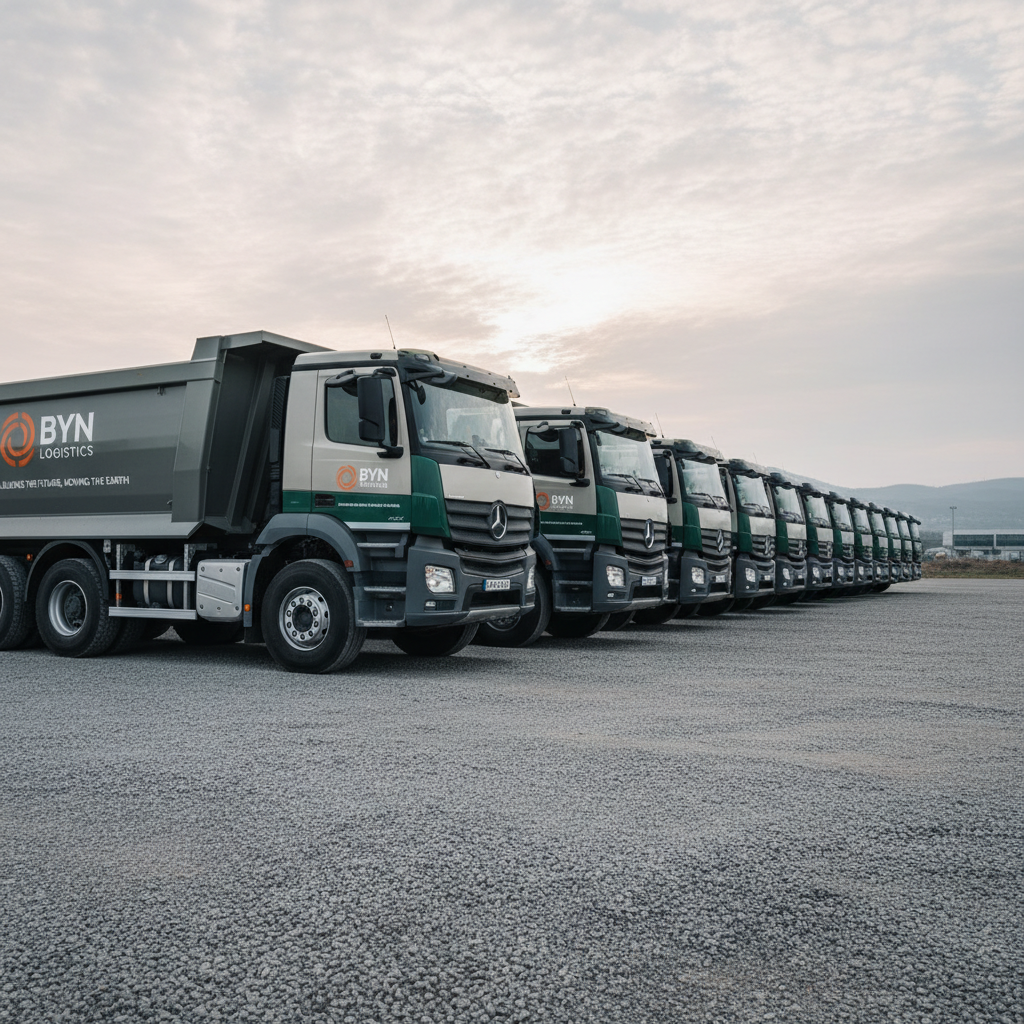 A fleet of spotless, heavy-duty dump trucks in matching neutral company colors, aligned in a perfectly straight row on an expansive gravel yard in Bursa Yenişehir. Each truck features clearly visible branding on the side panels, gleaming metal details, and freshly washed tires, suggesting readiness for earthmoving and transportation tasks. The sky is lightly overcast, providing soft, evenly diffused lighting that minimizes glare and keeps the tones calm and professional. Captured from a low, slightly angled viewpoint, the trucks form a strong diagonal line receding into the distance, adding depth and perspective. The background is intentionally uncluttered, with photographic realism and a structured, corporate composition emphasizing reliability, scale, and logistical capability.
