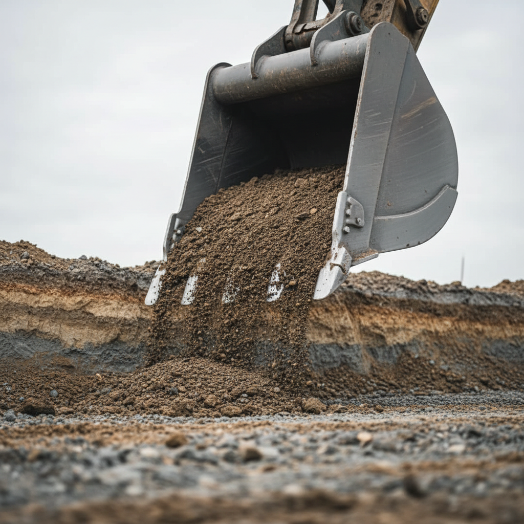 A close-up, detailed view of a robust excavator bucket cutting smoothly into compacted soil, with finely textured dirt cascading from the steel teeth in mid-motion. The soil shows subtle variations of brown and gray, indicating different layers, while the bucket surface has a clean, matte finish with only minimal, well-maintained wear marks. The surrounding ground is neatly leveled, with no debris or clutter. Soft, diffused daylight from an overcast sky provides even illumination, highlighting textures without harsh shadows. Framed tightly from a slightly low side angle, with shallow depth of field isolating the bucket and soil, the image has a precise, technical feel. Photographic realism and a clean, modern aesthetic underscore controlled, professional excavation work.